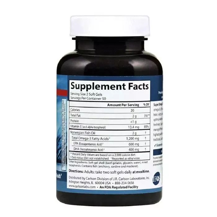Жирні кислоти Carlson Супер Омега-3, 1200 мг, Super Omega-3, 100 желатинових капсул (CL1521) зображення 2