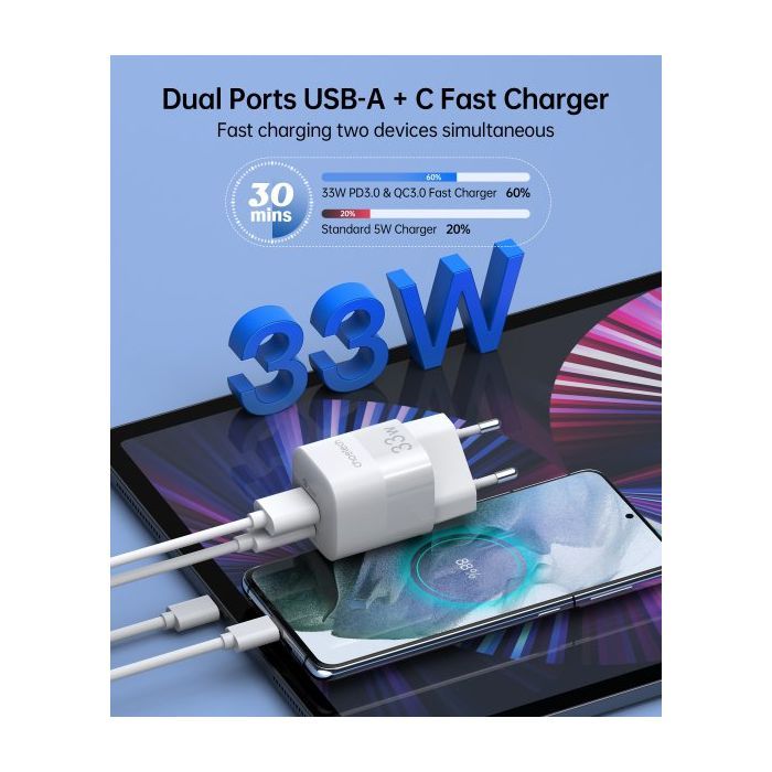 Зарядний пристрій Choetech GaN USB-A/USB-C 33W QC3.0/PD/PPS (PD5006-EU-WH) зображення 4