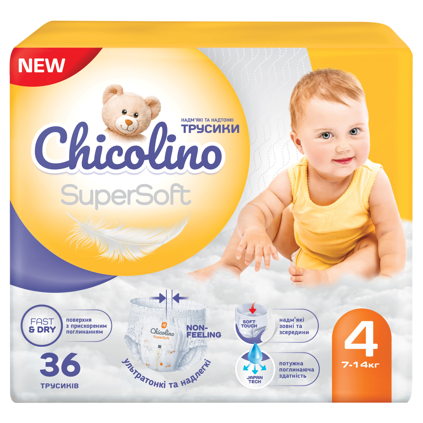 Подгузники Chicolino Super Soft Размер 4 (7-14 кг) 36 шт, 4 Упаковки (4823098414650)