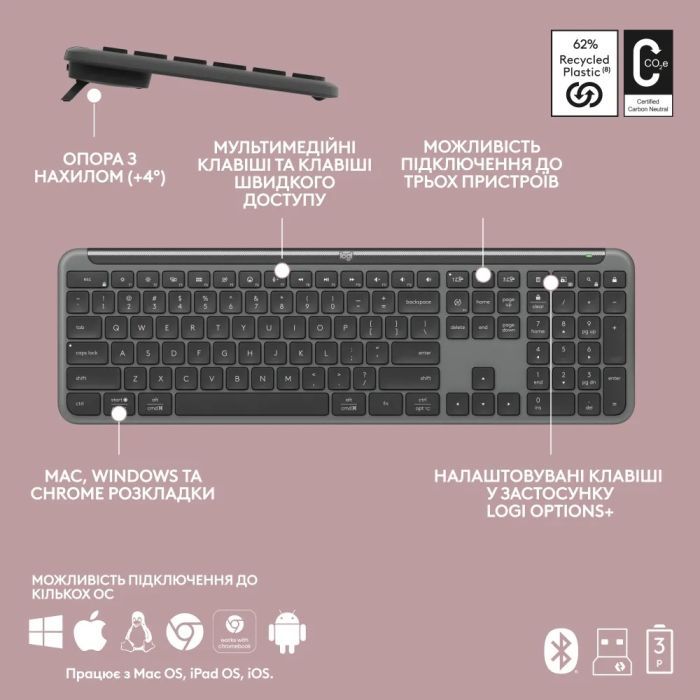 Комплект Logitech MK950 Bluetooth/Wireles UA Graphite (920-012490) изображение 10