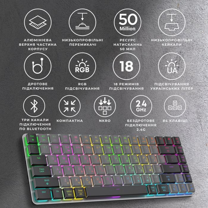 Клавиатура GamePro MK230R Red Swich Low Profile RGB Wireless/Bluetooth/USB Dark Gray (MK230R) изображение 8