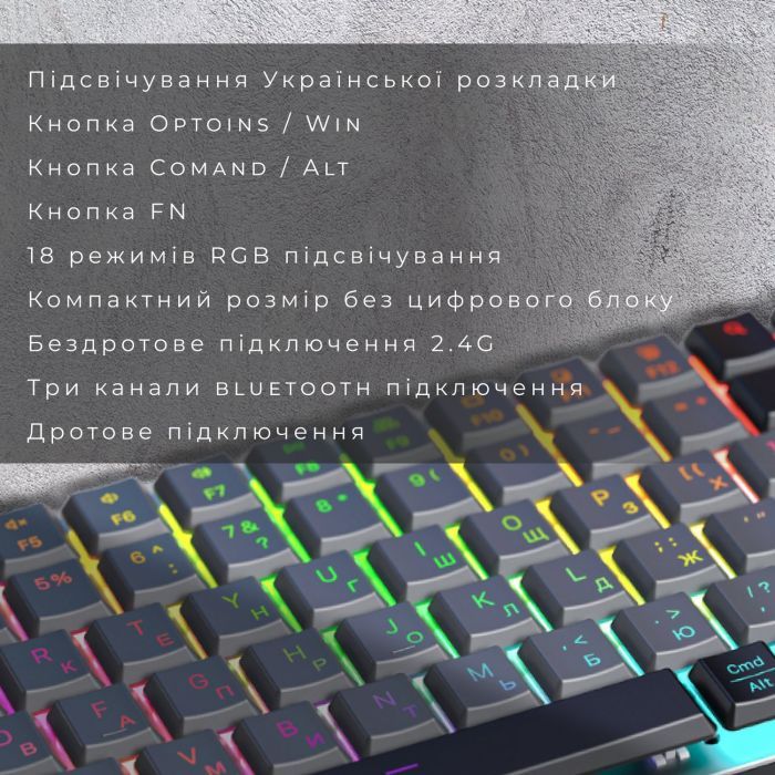 Клавиатура GamePro MK230R Red Swich Low Profile RGB Wireless/Bluetooth/USB Dark Gray (MK230R) изображение 9