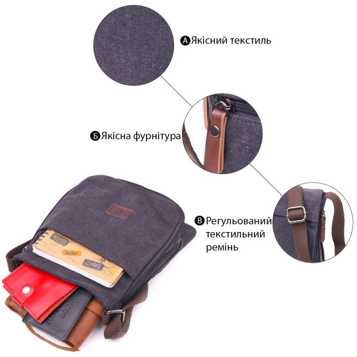 Сумка Vintage Вертикальная мужская текстильная Черная (21265) изображение 4