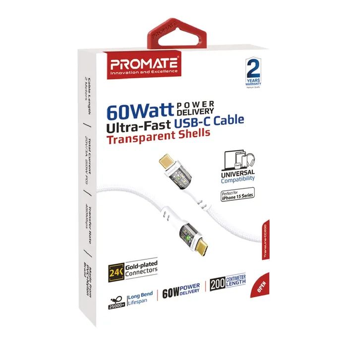 Дата кабель USB-C to USB-C transline-cc200.navy Promate (transline-cc200.navy) зображення 2