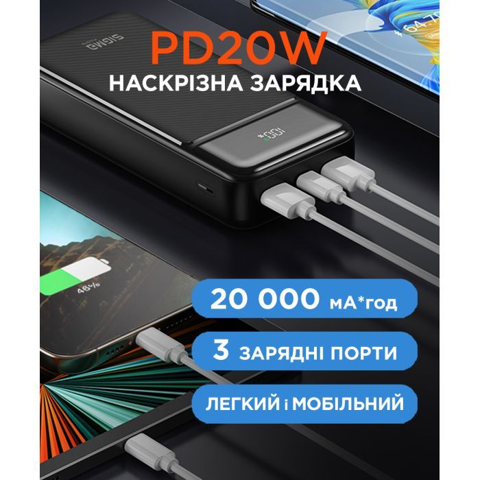 Батарея универсальная Sigma X-power SI20A4QL 20000mAh, PD/20W, QC/22.5W, LED, cable 20w, black (4827798799710) изображение 7