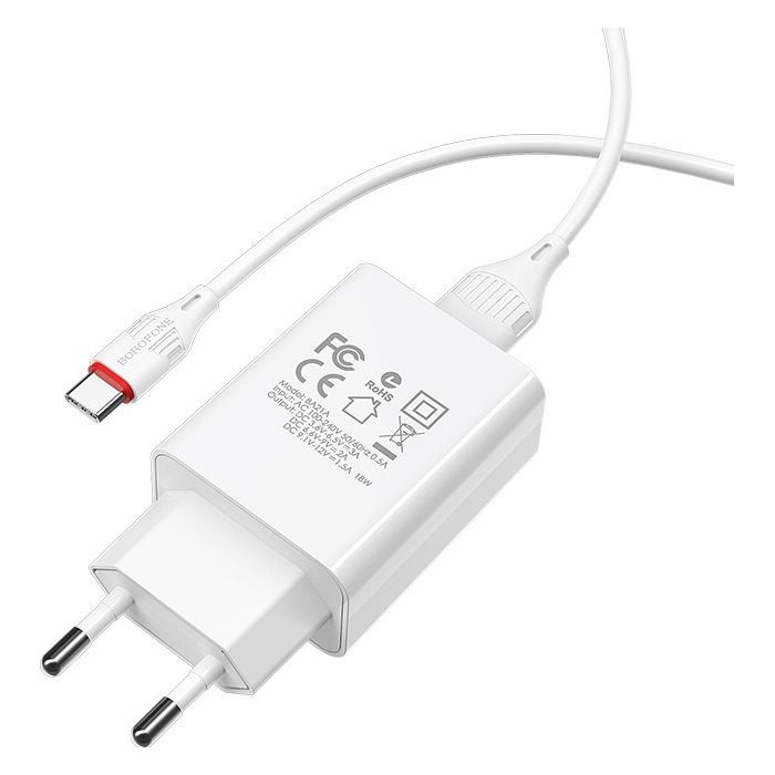 Зарядное устройство BOROFONE BA21A Long Journey USB QC3.0 + cable USB to USB-C 18W White (6931474702487) изображение 3