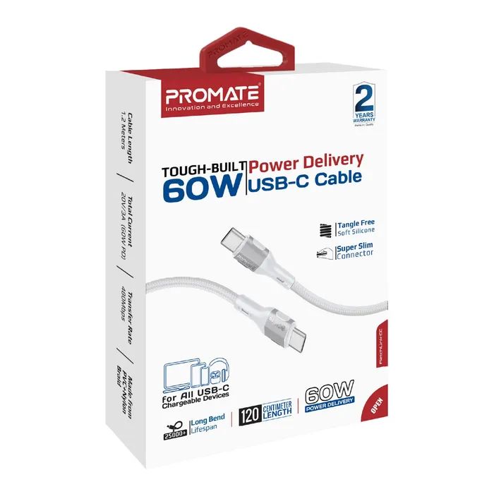 Дата кабель USB-C to USB-C 1.2m 60W PD FletchLink-CC black Promate (fletchlink-cc.black) зображення 2