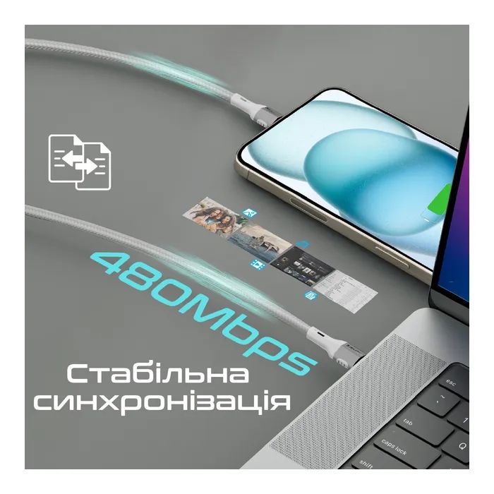 Дата кабель USB-C to USB-C 1.2m 60W PD FletchLink-CC black Promate (fletchlink-cc.black) зображення 5