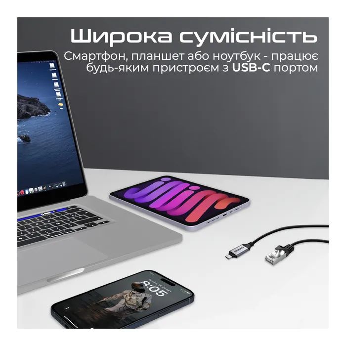 Дата кабель USB-C to RJ45 Ethernet 5.0m Promate (clink-rj45) изображение 5