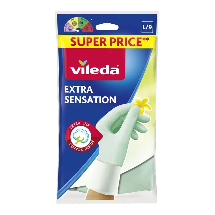 Перчатки хозяйственные Vileda Extra Sensation Латексные Для деликатных работ Размер L (4023103073944) > цены в Киеве и Украине Перчатки хозяйственные Vileda Extra Sensation Латексные Для деликатных работ Размер L (4023103073944)