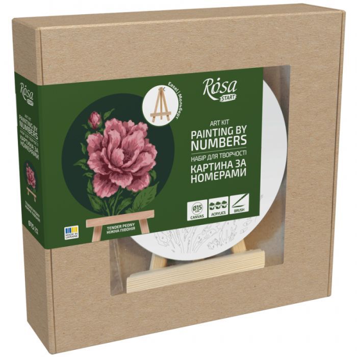 Картина по номерам Rosa Ніжна півонія", кругла, 15 см, з мольбертом (4823098548737)