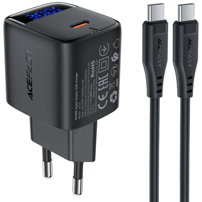 Зарядное устройство Acefast USB-C 30W GaN + cable USB-C black (6974316284451)