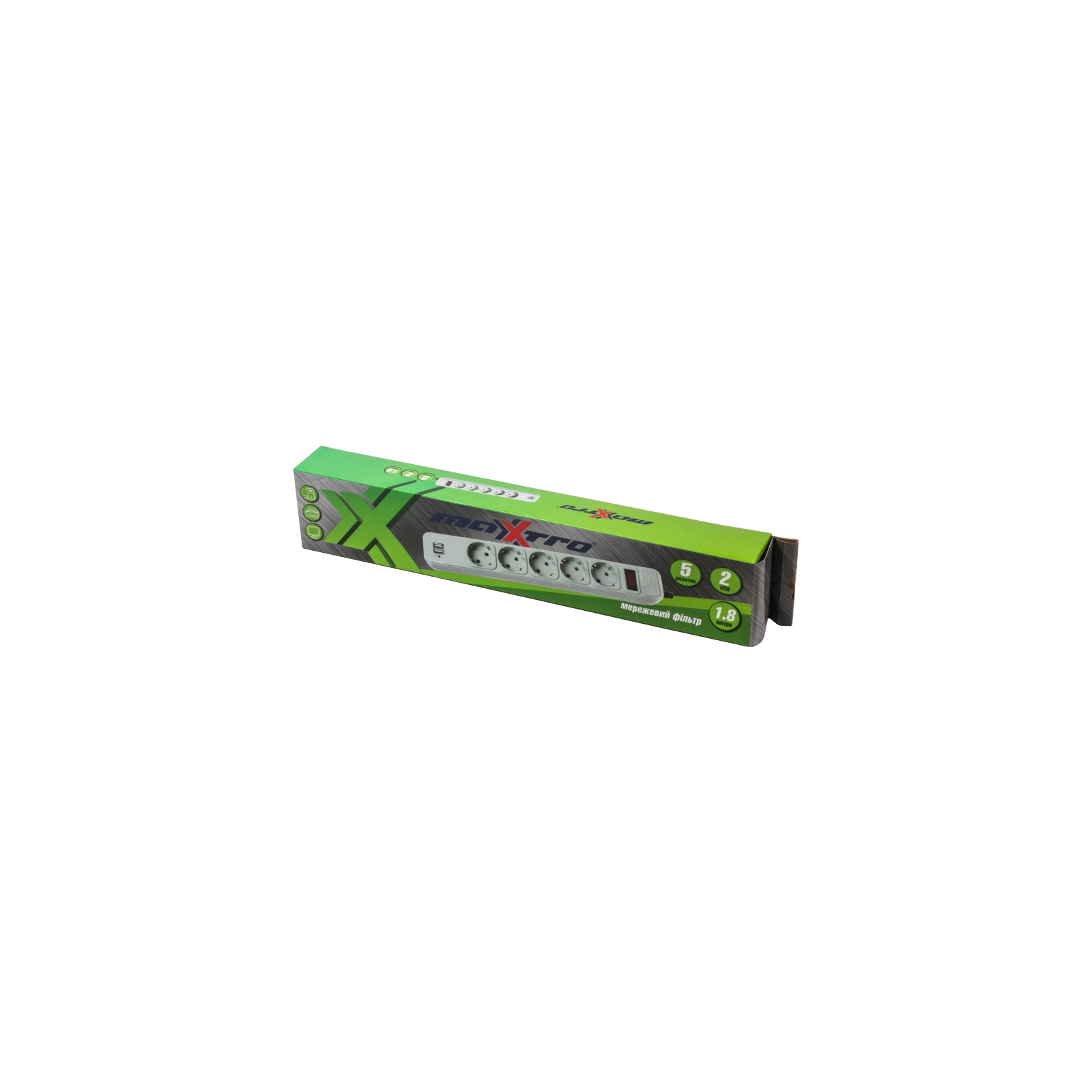 Сетевой фильтр питания Maxxtro PWE-05K-1.8, серый, 1.8 м кабель, 5 розеток, USB зарядка 2А (PWE-05K-1.8) изображение 2