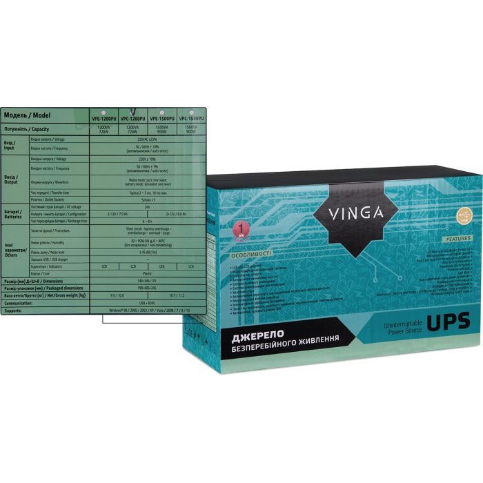 Пристрій безперебійного живлення Vinga LCD 1200VA plastic case with USB (VPC-1200PU) зображення 12