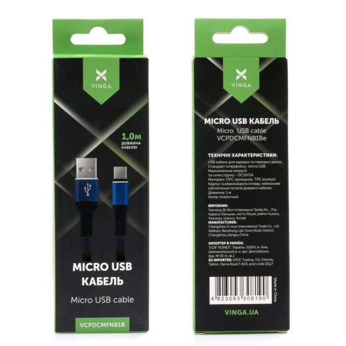 Дата кабель USB 2.0 AM to Micro 5P 1m flat nylon blue Vinga (VCPDCMFNB1B) изображение 4