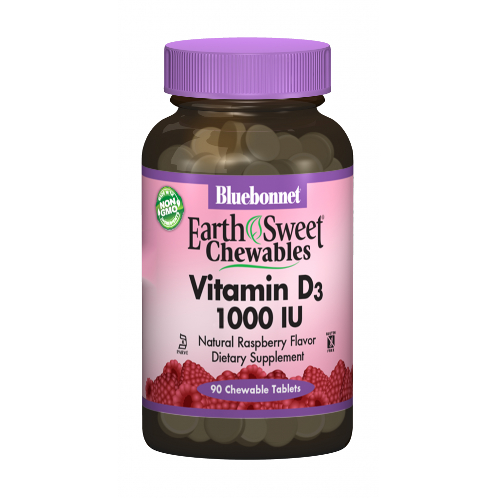 Витамин Bluebonnet Nutrition Витамин D3 1000IU, Вкус Малины, Earth Sweet Chewables, 90 ж (BLB-00362)