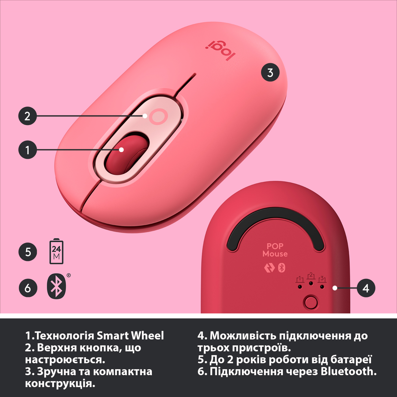 Мышка Logitech POP Mouse Bluetooth Heartbreaker Rose (910-006548) изображение 6