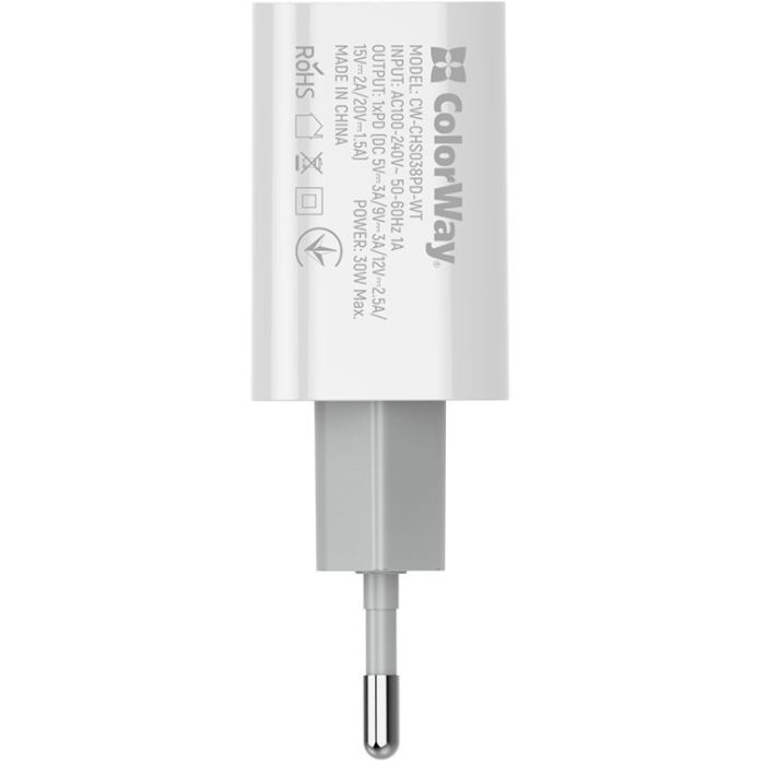 Зарядний пристрій ColorWay PD Port PPS USB Type-C (30W) white (CW-CHS038PD-WT) зображення 7