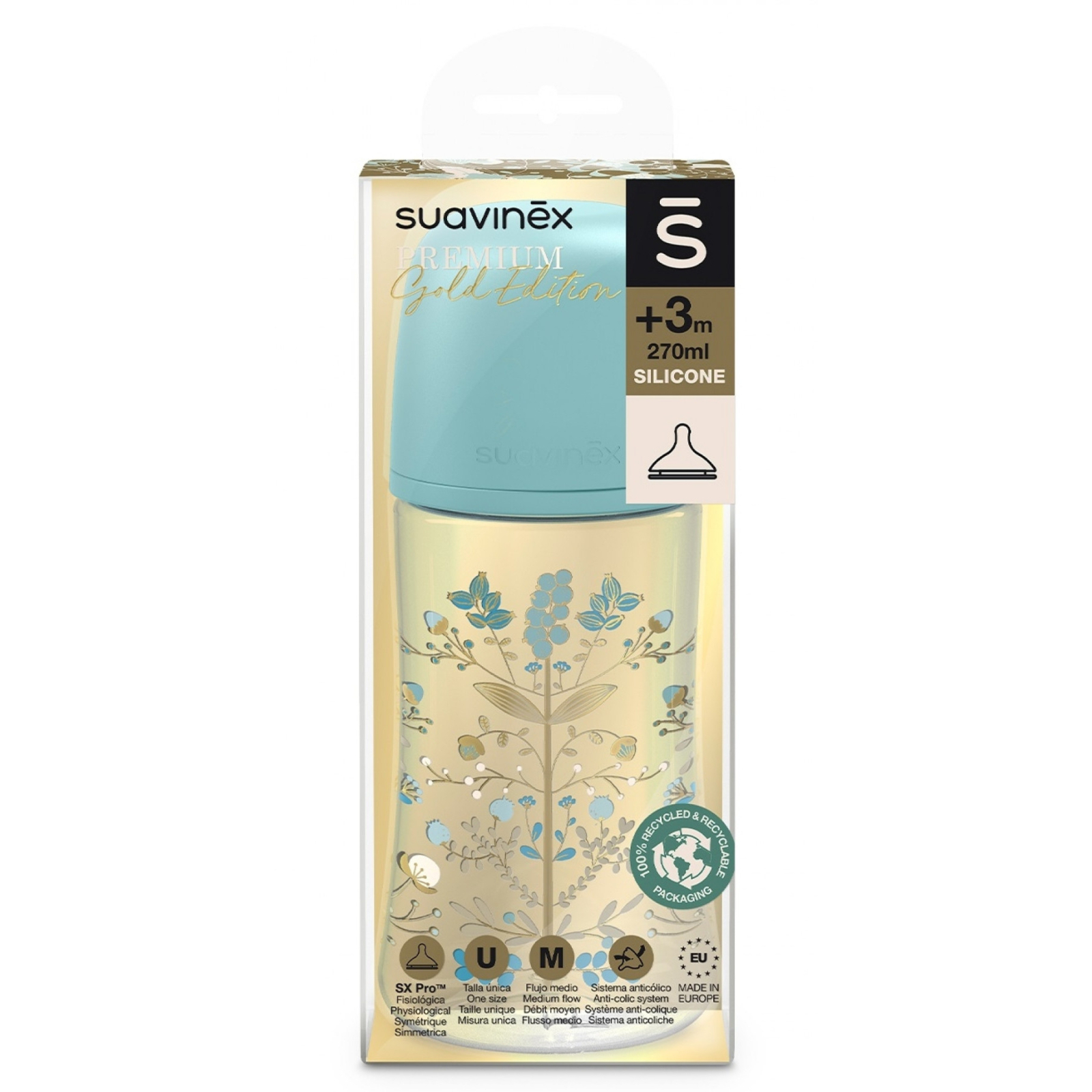 Бутылочка для кормления Suavinex Gold Edition, медленный поток, 270 мл, голубая (307872) изображение 3