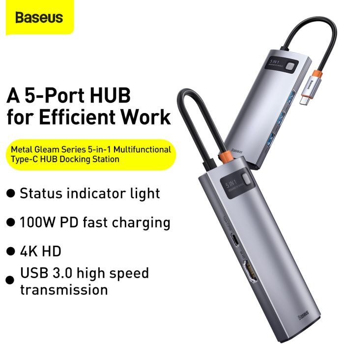 Концентратор Baseus USB3.1 Type-C to USB Type C PD 100W/HDMI 4K 60 Hz/3*USB 3.2 Gen1/ 5in1 (CAHUB-CX0G) зображення 12