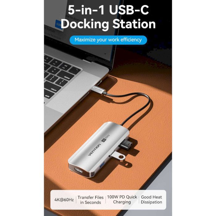 Концентратор Vention USB 3.1 Type-C to HDMI 4K60Hz/USB 3.0x3/PD 100W 5-in-1 (TQDHB) зображення 2