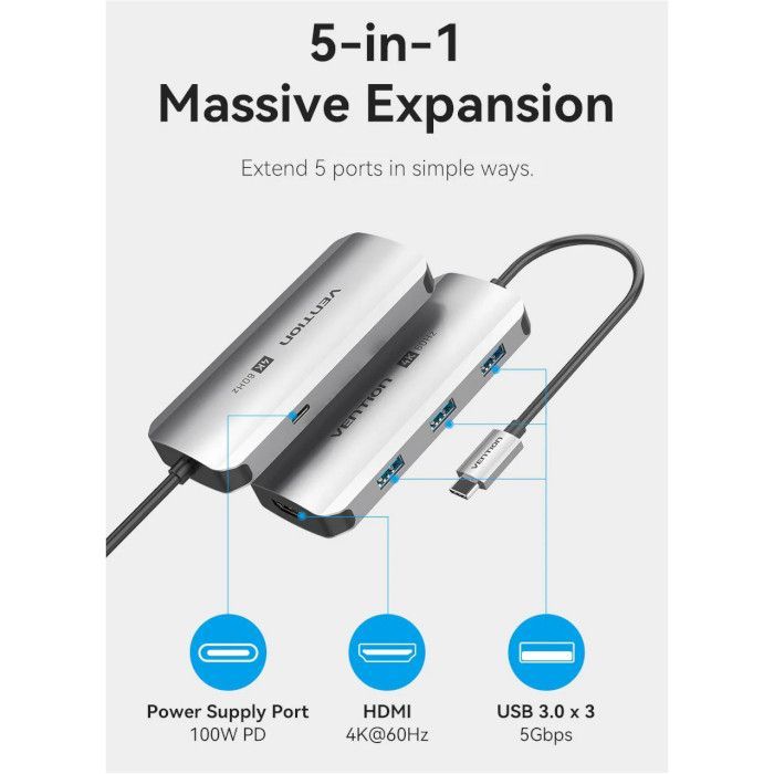 Концентратор Vention USB 3.1 Type-C to HDMI 4K60Hz/USB 3.0x3/PD 100W 5-in-1 (TQDHB) зображення 3