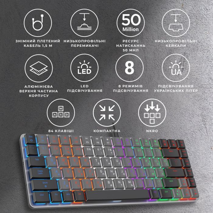 Клавіатура GamePro MK140R Red Swich Low Profile USB Dark Gray (MK140R) зображення 7