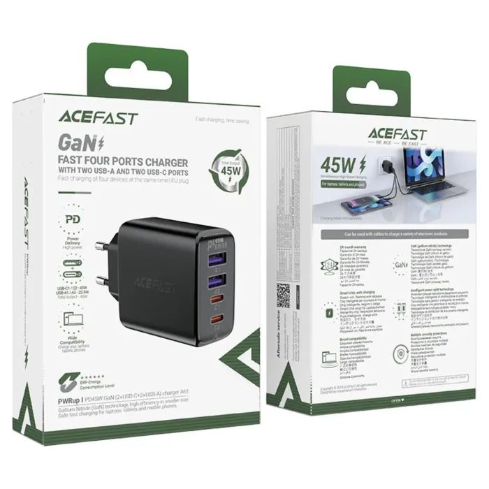Зарядний пристрій Acefast 4xUSB 45W (2xUSB-C+2xUSB-A) Gan A61 Fast Charger Black (6974316282754) зображення 5