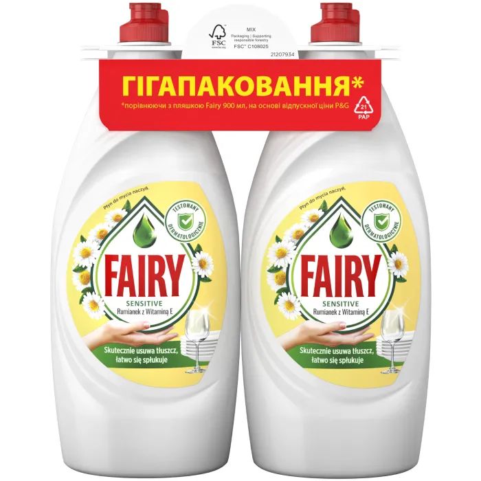 Засіб для ручного миття посуду Fairy Ніжні руки Ромашка та вітамін E 2 х 900 мл (8700216759601)