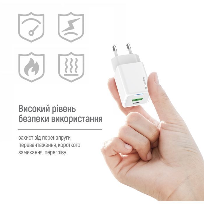 Зарядное устройство ColorWay C101A GaN Mini 20W PD PPS USB-C + USB-A QC4.0 + cable USB-C to USB-C black (CW-CHS062PDC-WT) изображение 12