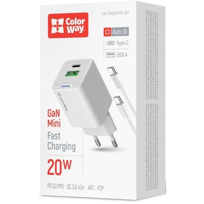 Зарядное устройство ColorWay C101A GaN Mini 20W PD PPS USB-C + USB-A QC4.0 + cable USB-C to USB-C black (CW-CHS062PDC-WT) изображение 6