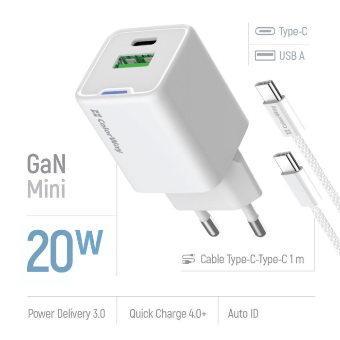 Зарядное устройство ColorWay C101A GaN Mini 20W PD PPS USB-C + USB-A QC4.0 + cable USB-C to USB-C black (CW-CHS062PDC-WT) изображение 7