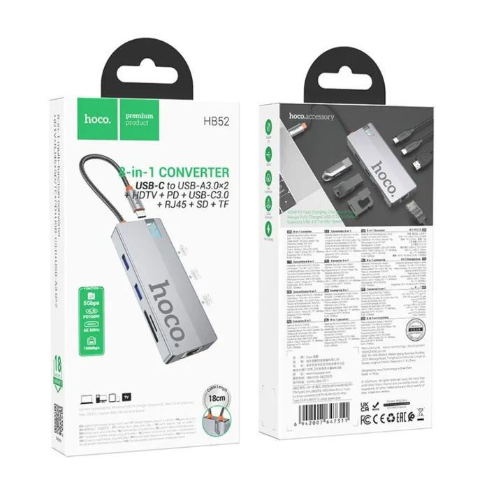 Концентратор HOCO HB52 USB-C to HDMI + RJ45 + SD + TF + PD + USB-C 3.0 + 2xUSB 3.0 Space Gray (6942007647311) зображення 4