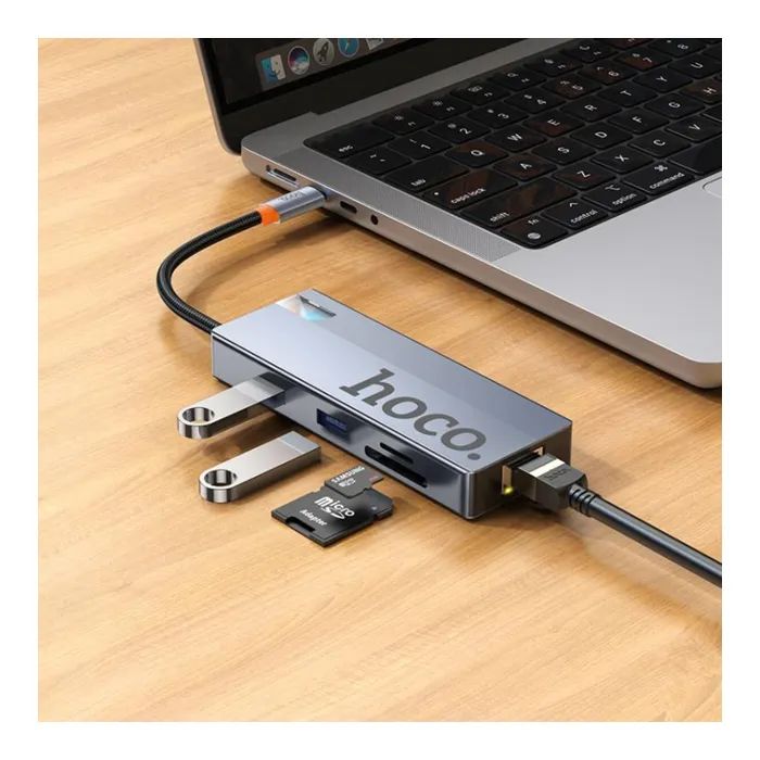Концентратор HOCO HB52 USB-C to HDMI + RJ45 + SD + TF + PD + USB-C 3.0 + 2xUSB 3.0 Space Gray (6942007647311) зображення 5