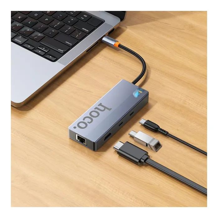 Концентратор HOCO HB52 USB-C to HDMI + RJ45 + SD + TF + PD + USB-C 3.0 + 2xUSB 3.0 Space Gray (6942007647311) зображення 6