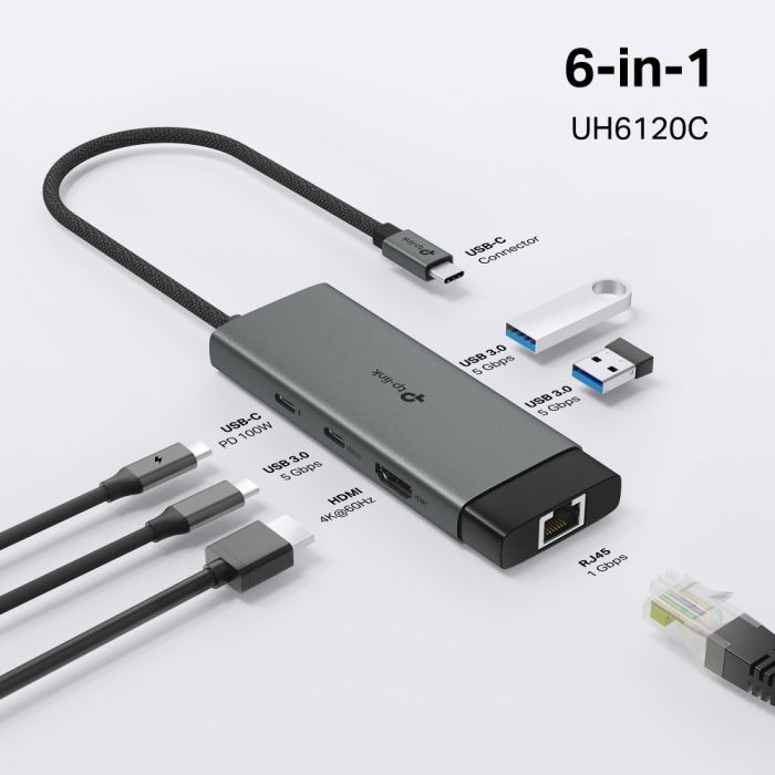 Концентратор TP-Link USB 3.0 6-in-1 2xUSB 3.0 + 1xUSB-C + 1xHDMI + 1xRJ45 + PD 100W (UH6120C) изображение 6