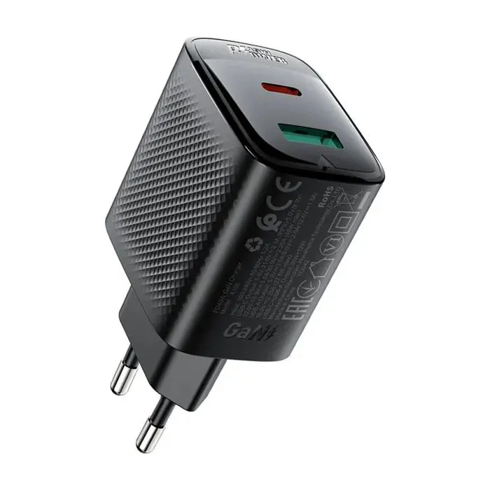 Зарядное устройство Acefast A106 1xUSB-C PD45W + 1xUSB QC3.0 GaN black (6974316284031)
