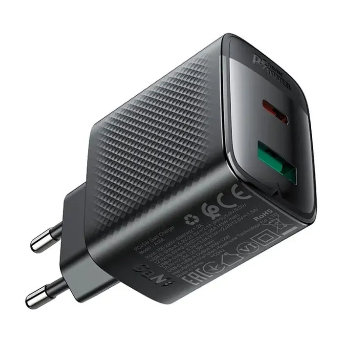 Зарядное устройство Acefast A106 1xUSB-C PD45W + 1xUSB QC3.0 GaN black (6974316284031) изображение 3