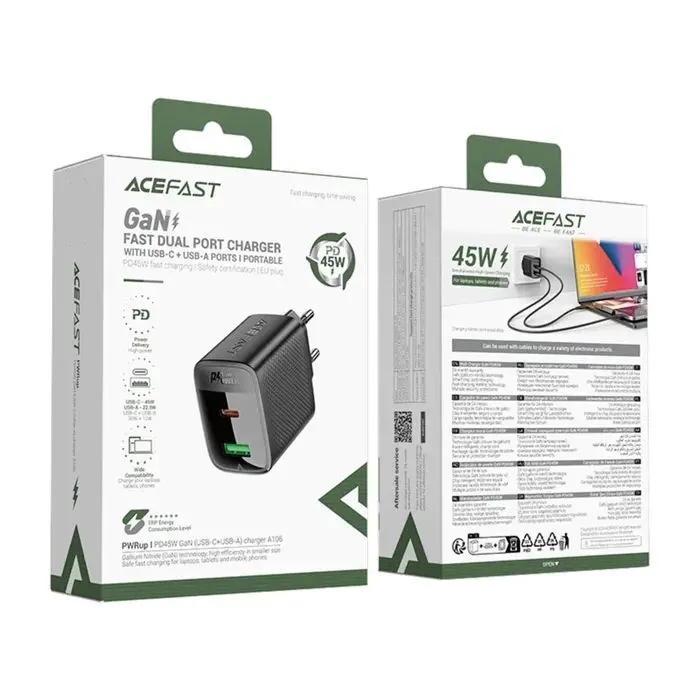 Зарядное устройство Acefast A106 1xUSB-C PD45W + 1xUSB QC3.0 GaN black (6974316284031) изображение 5