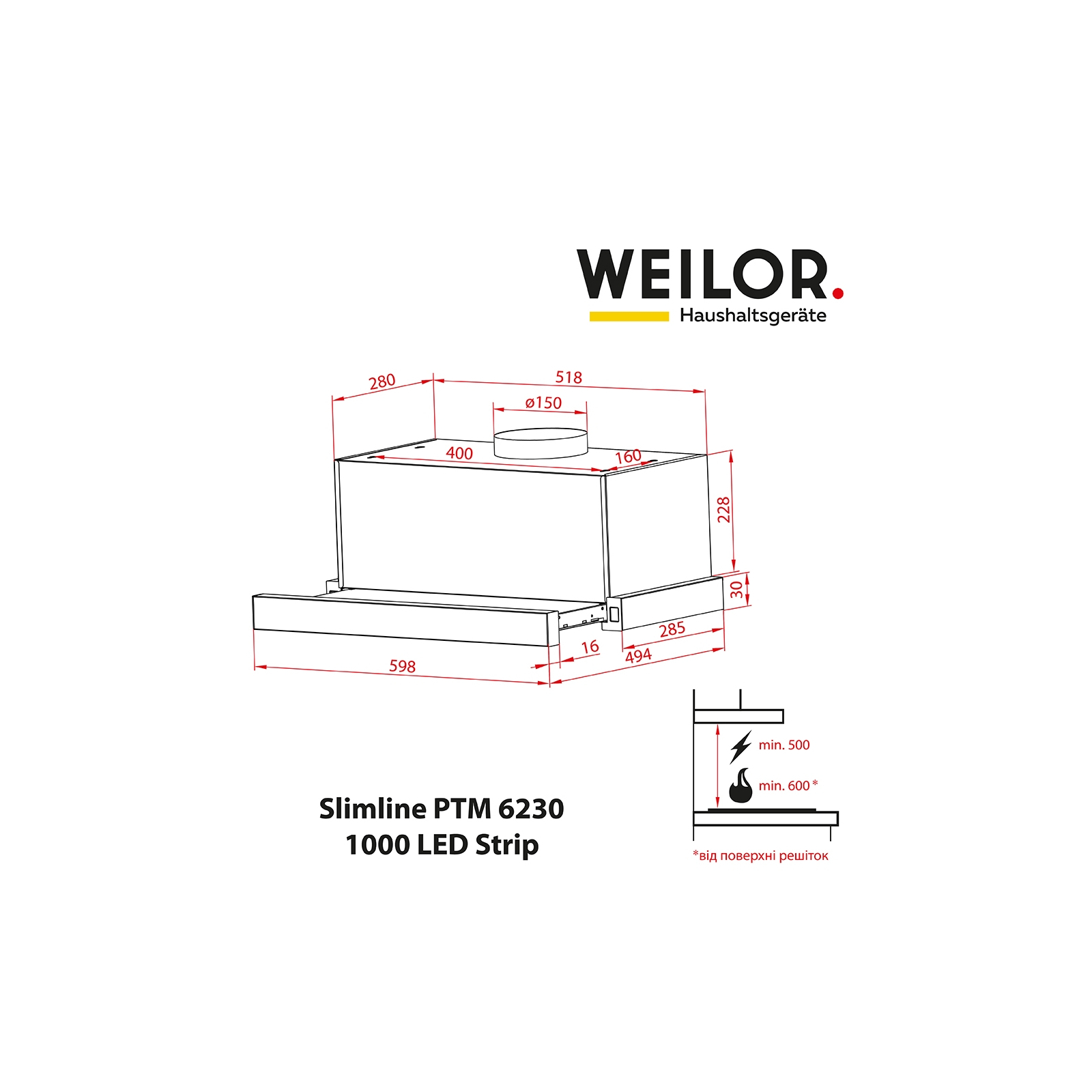 Витяжка кухонна Weilor Slimline PTM 6230 SS 1000 LED strip зображення 2