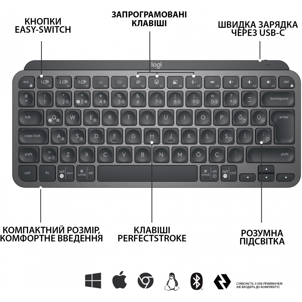 Клавіатура Logitech MX Keys Mini Wireless Illuminated Graphite (920-010501) зображення 5