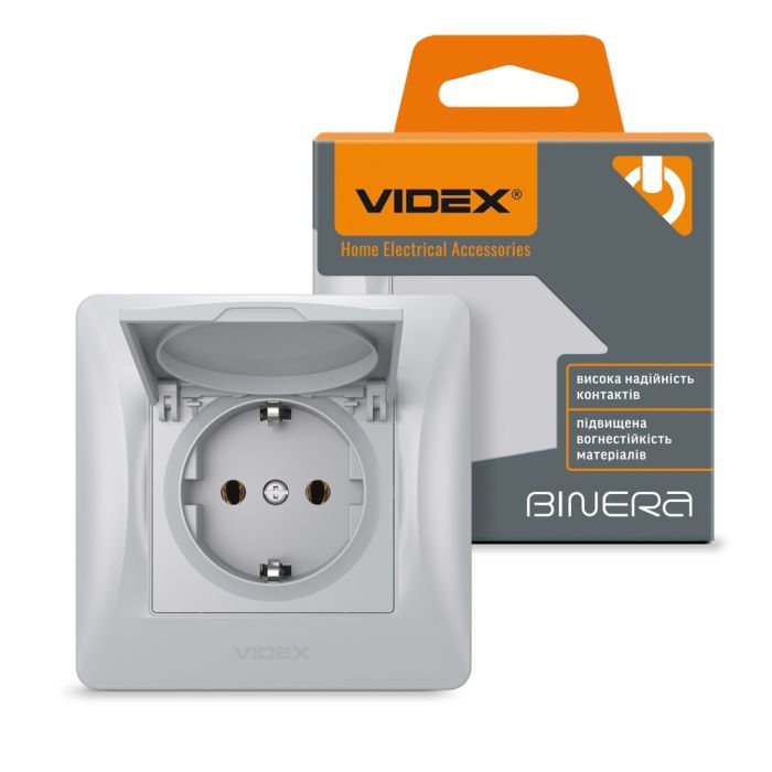 Розетка Videx BINERA 1ая с заземлением и крышкой серебр (VF-BNSK1GС-SS) изображение 4