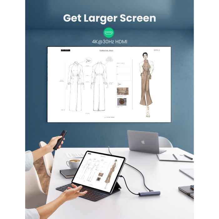 Концентратор Ugreen USB3.0 Type-C to HDMI 4K30Hz/USB 3.0x2/RJ45/PD CM418 (10919) зображення 4