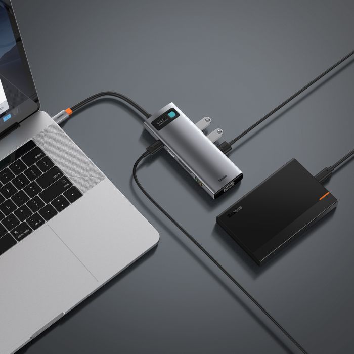 Концентратор Baseus USB3.1 Type-C to USB C(PD)100W/HDMI 4K 30Hz/VGA/USB3.2/RJ45/SD+TF,9in1 Grey (CAHUB-CU0G) изображение 11