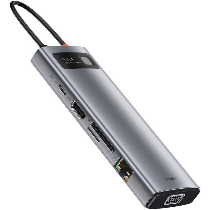 Концентратор Baseus USB3.1 Type-C to USB C(PD)100W/HDMI 4K 30Hz/VGA/USB3.2/RJ45/SD+TF,9in1 Grey (CAHUB-CU0G) изображение 6