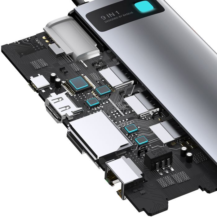 Концентратор Baseus USB3.1 Type-C to USB C(PD)100W/HDMI 4K 30Hz/VGA/USB3.2/RJ45/SD+TF,9in1 Grey (CAHUB-CU0G) изображение 7