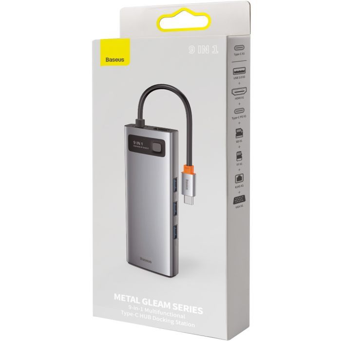 Концентратор Baseus USB3.1 Type-C to USB C(PD)100W/HDMI 4K 30Hz/VGA/USB3.2/RJ45/SD+TF,9in1 Grey (CAHUB-CU0G) изображение 8