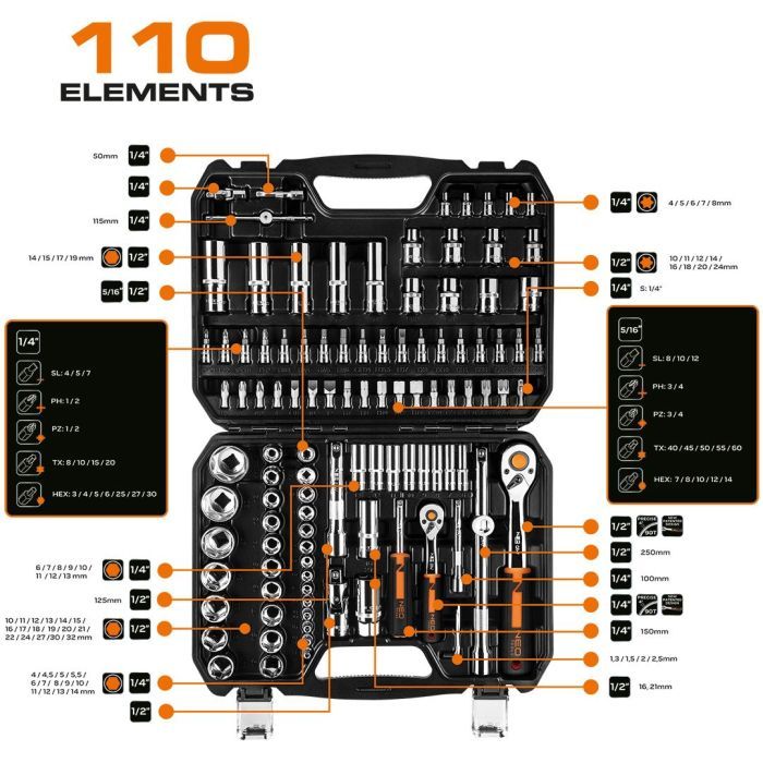 Набор инструментов Neo Tools 110шт, 1/2", 1/4", CrV, кейс (10-066) изображение 2