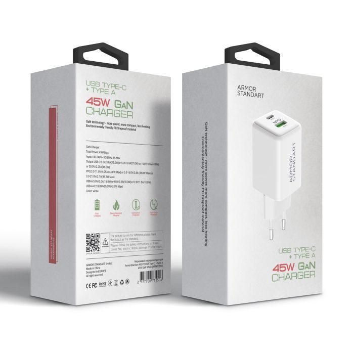 Зарядний пристрій Armorstandart AR372 45W GaN Type-C + USB White (ARM77550) зображення 2
