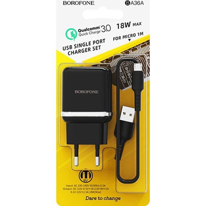 Зарядний пристрій BOROFONE BA36A High Speed USB QC3.0 + cable USB to Micro 5P 18W White (6931474715999) зображення 8
